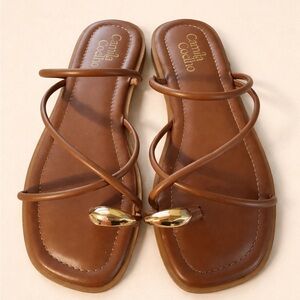 Camila Coelho Tan Strappy Leather Sandals with Gold Toe Accent